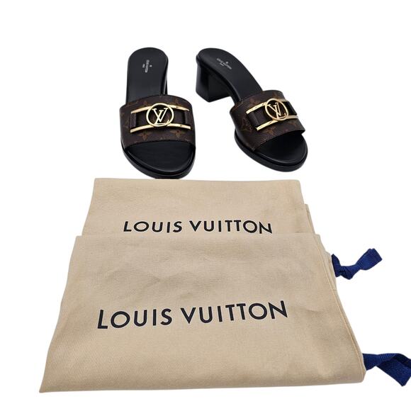 Louis Vuitton Lock It Heel Mule Sandal Monogram Brown Canvas Gold Size 41 US 11 - Picture 4 of 13